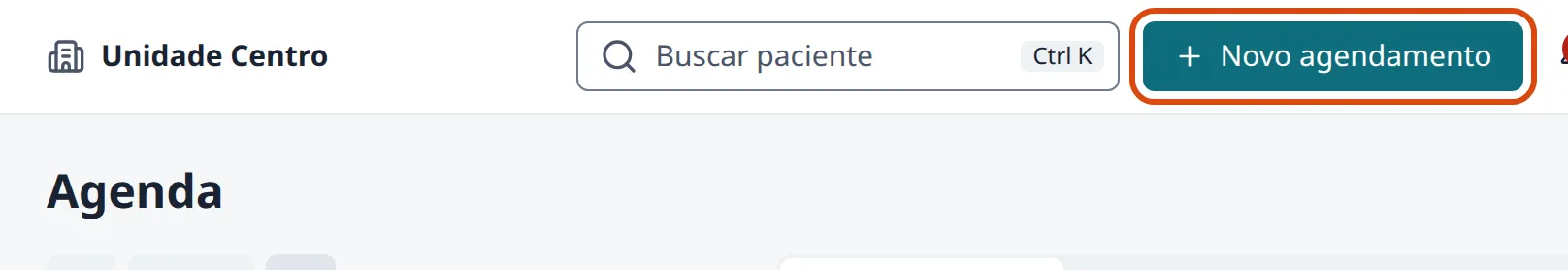 Parte de cima da Agenda, com o botão Novo agendamento destacado ao lado da busca de paciente.