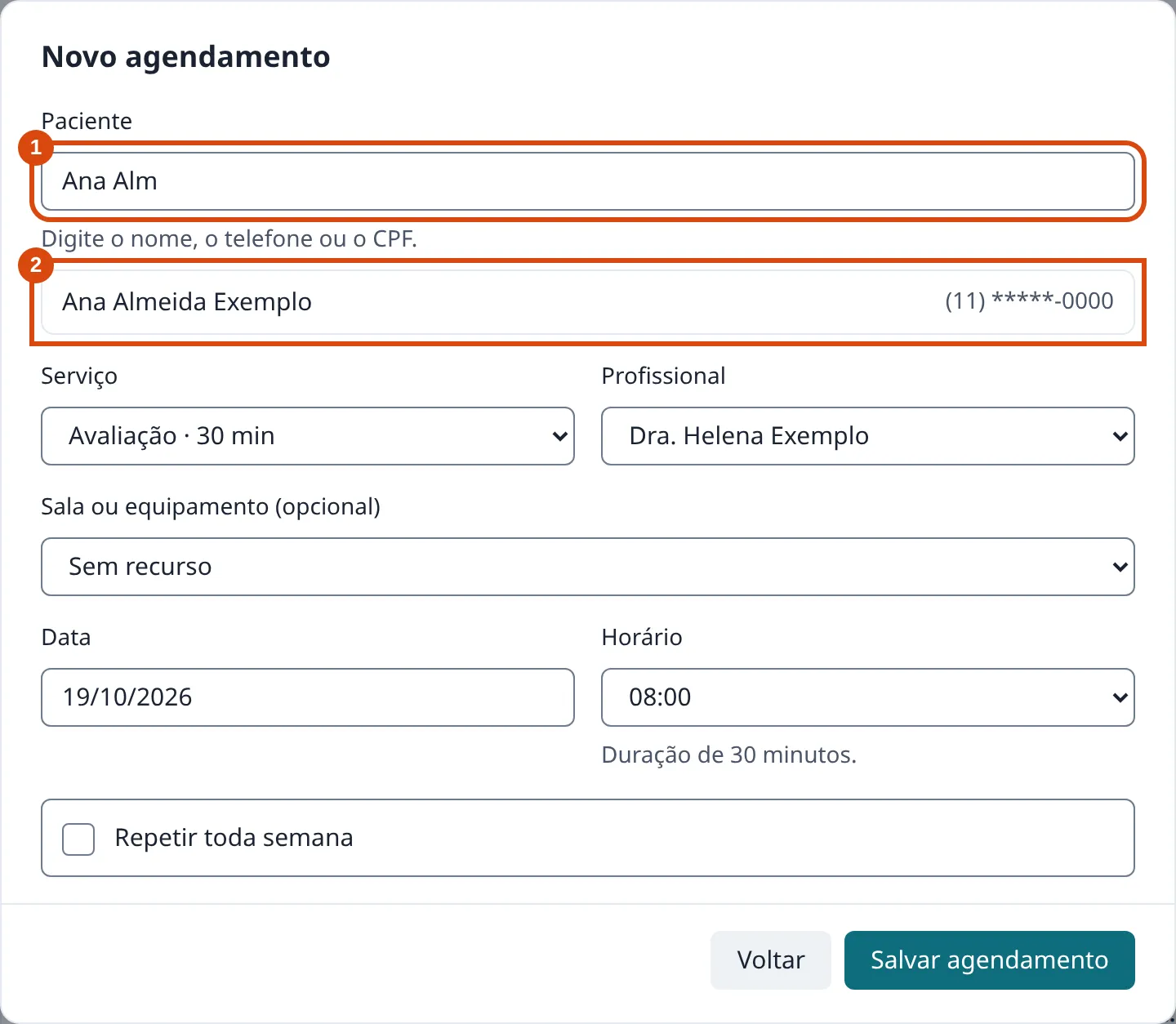 Formulário Novo agendamento com o campo Paciente preenchido com Ana Alm e, abaixo, a pessoa encontrada na lista.