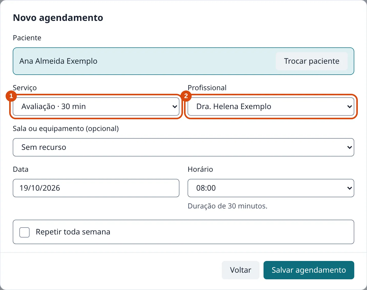 Formulário com o paciente escolhido e os campos Serviço e Profissional destacados.