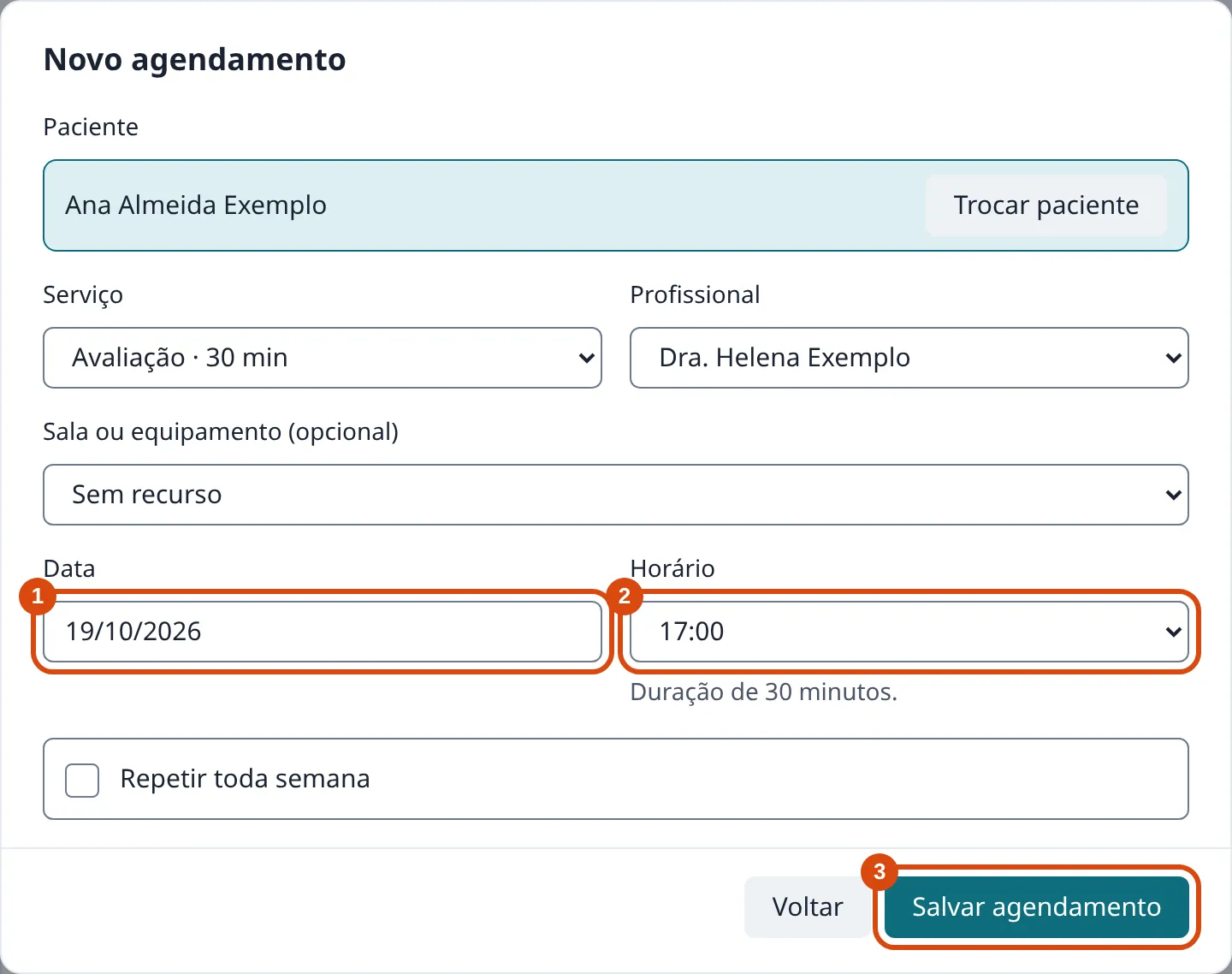 Parte de baixo do formulário, com os campos Data e Horário e o botão Salvar agendamento destacados.