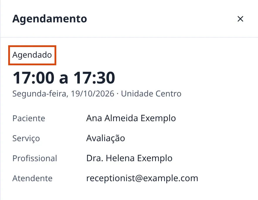 Painel Agendamento aberto ao lado da agenda, com o status Agendado destacado, o horário, o paciente, o serviço e o profissional.