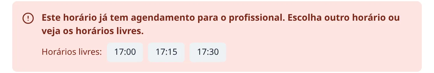 Aviso em vermelho dizendo que o horário já tem agendamento, com botões de horários livres logo abaixo.